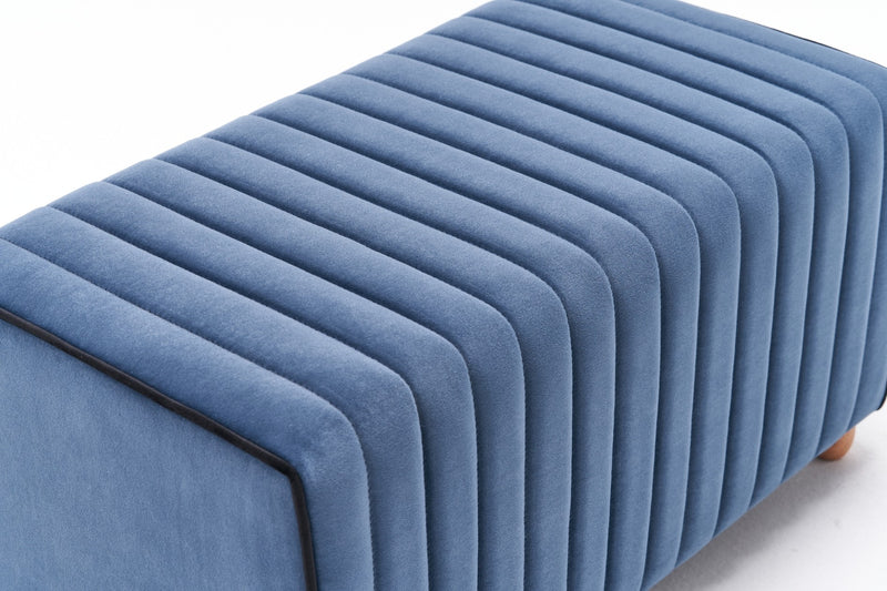 Pouf rettangolare imbottito rivestito in tessuto blu con bordino nero cm 80x40x40h