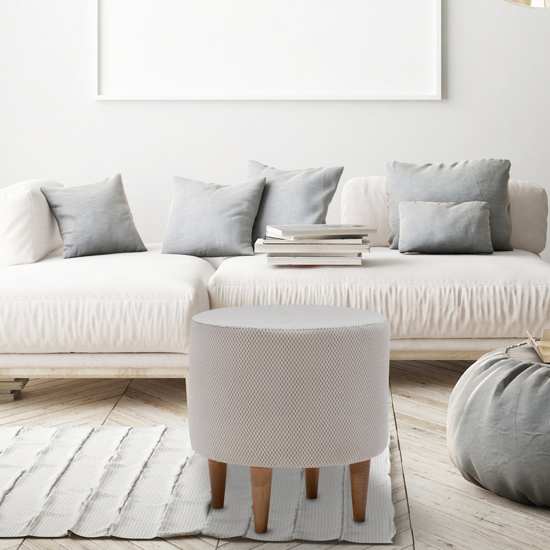 pouf moderno basso seduta in tessuto colore crema gambe in legno di faggio