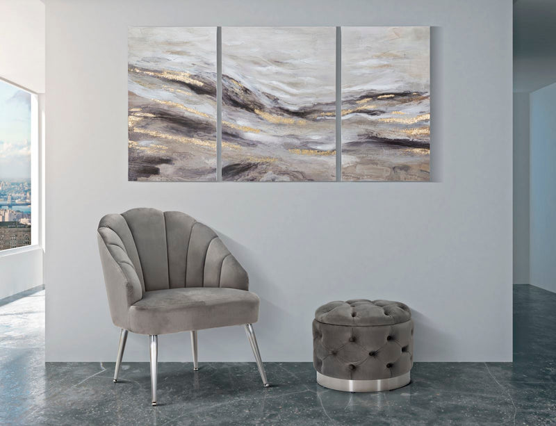 Quadro moderno multipannello con dettagli oro e sfumature grigio e tortora cm 150x80h