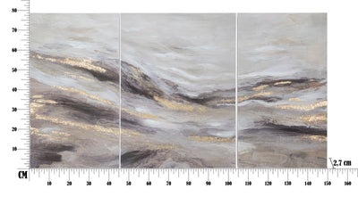 Quadro moderno multipannello con dettagli oro e sfumature grigio e tortora cm 150x80h