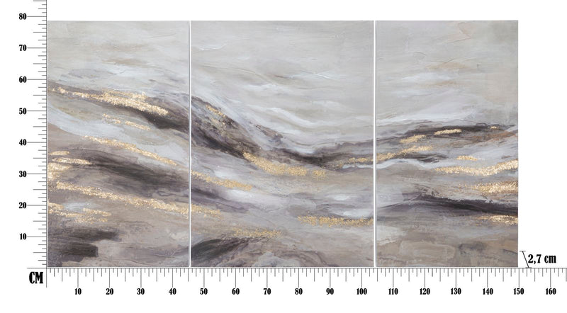Quadro moderno multipannello con dettagli oro e sfumature grigio e tortora cm 150x80h