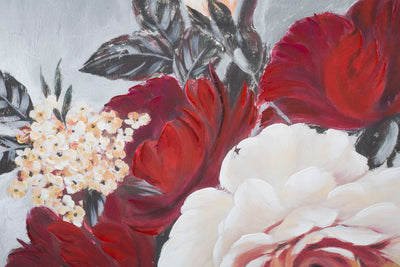 Quadro dipinto su tela stile classico con fiori rossi e sfumature di rosa cm 90x4x90h