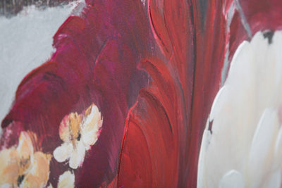 Quadro dipinto su tela stile classico con fiori rossi e sfumature di rosa cm 90x4x90h