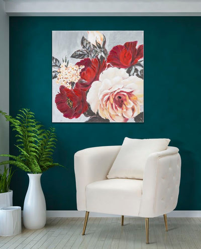 Quadro dipinto su tela stile classico con fiori rossi e sfumature di rosa cm 90x4x90h
