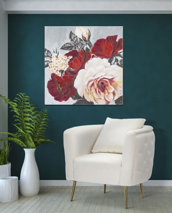 Quadro dipinto su tela stile classico con fiori rossi e sfumature di rosa cm 90x4x90h