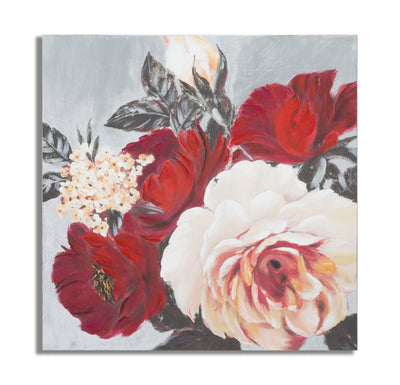 Quadro dipinto su tela stile classico con fiori rossi e sfumature di rosa cm 90x4x90h