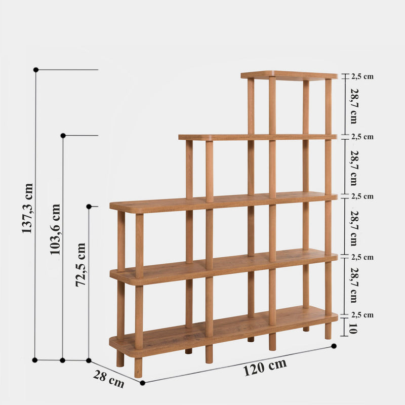 Libreria moderna a scala aperta 9 vani in legno colore naturale cm 120x28x137h