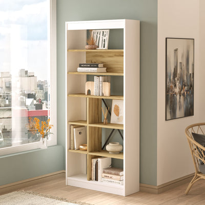 Scaffale libreria moderna da salotto 10 ripiani bianco e quercia cm 76x25x170h