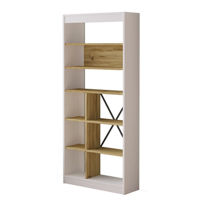 Scaffale libreria moderna da salotto 10 ripiani bianco e quercia cm 76x25x170h