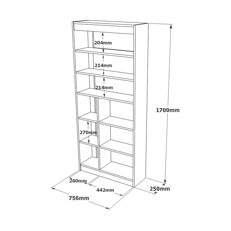 Scaffale libreria moderna da salotto 10 ripiani bianco e quercia cm 76x25x170h