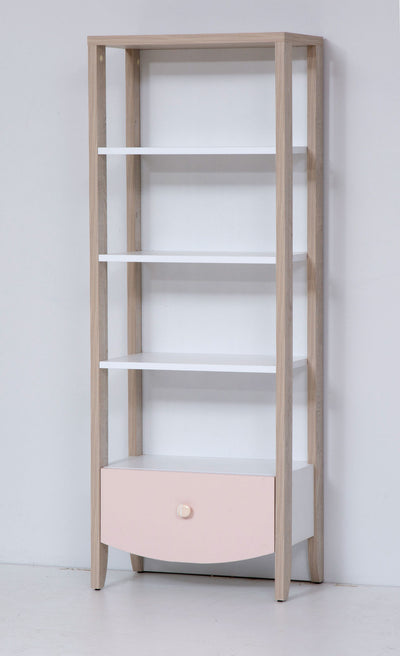 scaffale libreria in legno con 3 ripiani e cassetto colore rosa e rovere naturale