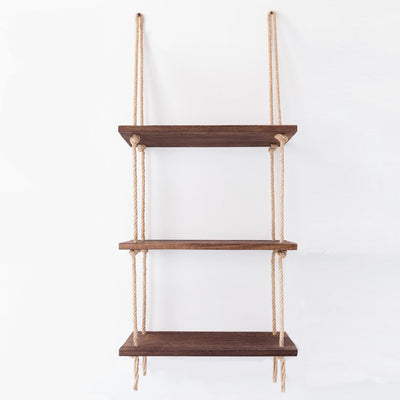 Scaffale sospeso con 3 ripiani in legno noce con corda cm 40x14x110h