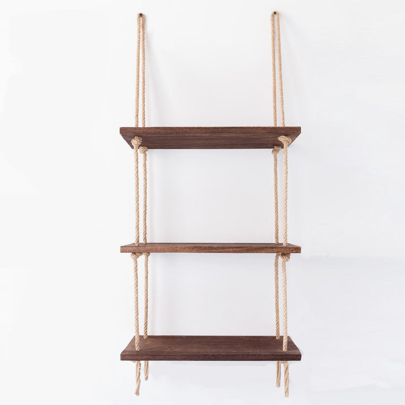 Scaffale sospeso con 3 ripiani in legno noce con corda cm 40x14x110h
