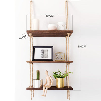 Scaffale sospeso con 3 ripiani in legno noce con corda cm 40x14x110h