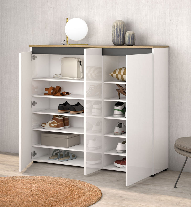 Scarpiera a terra modera salvaspazio e ante bianco lucido cm 130x35x113h
