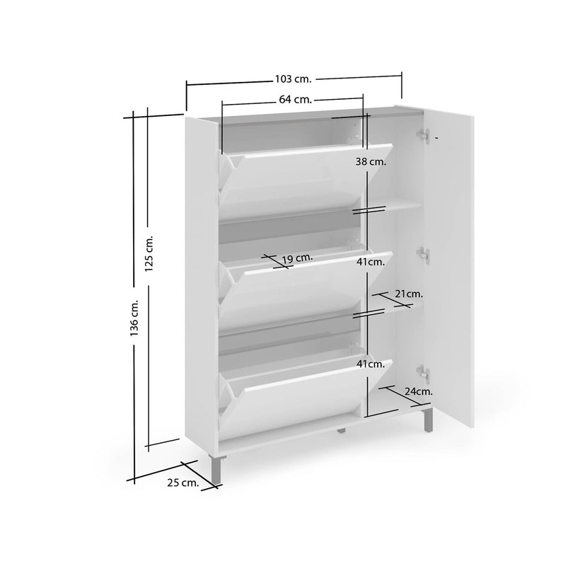 Scarpiera da muro 4 ante colore bianco lucido inserti antracite cm 103x25x136h