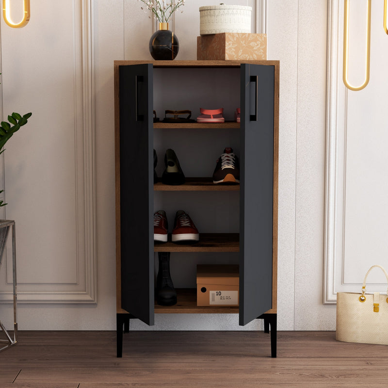 Armadietto basso 2 ante scarpiera in legno noce e antracite cm 60x35x111h