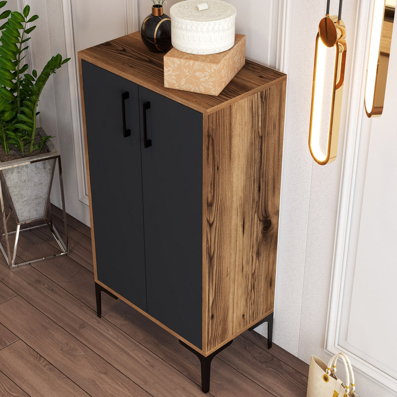 Armadietto basso 2 ante scarpiera in legno noce e antracite cm 60x35x111h