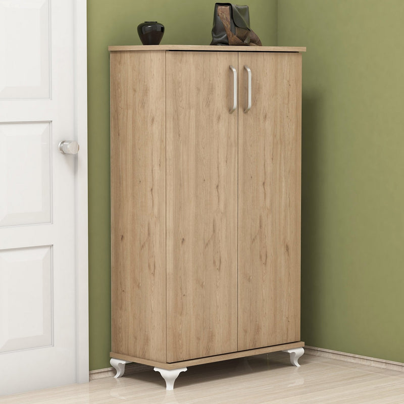 Scarpiera moderna in legno a 2 ante con 6 scomparti interni color noce chiaro opaco, piedi color bianco opaco, dimensioni cm 72x32x120h