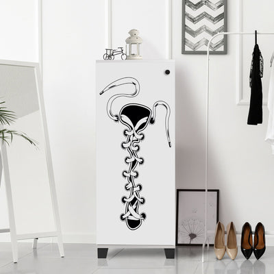 Scarpiera design moderno in legno bianco anta decorata fantasia cm 50x38x127h