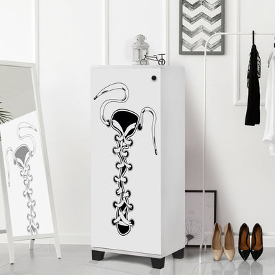 scarpiera design in legno bianco ripiani interni anta decorata con lacci di scarpa colore nero