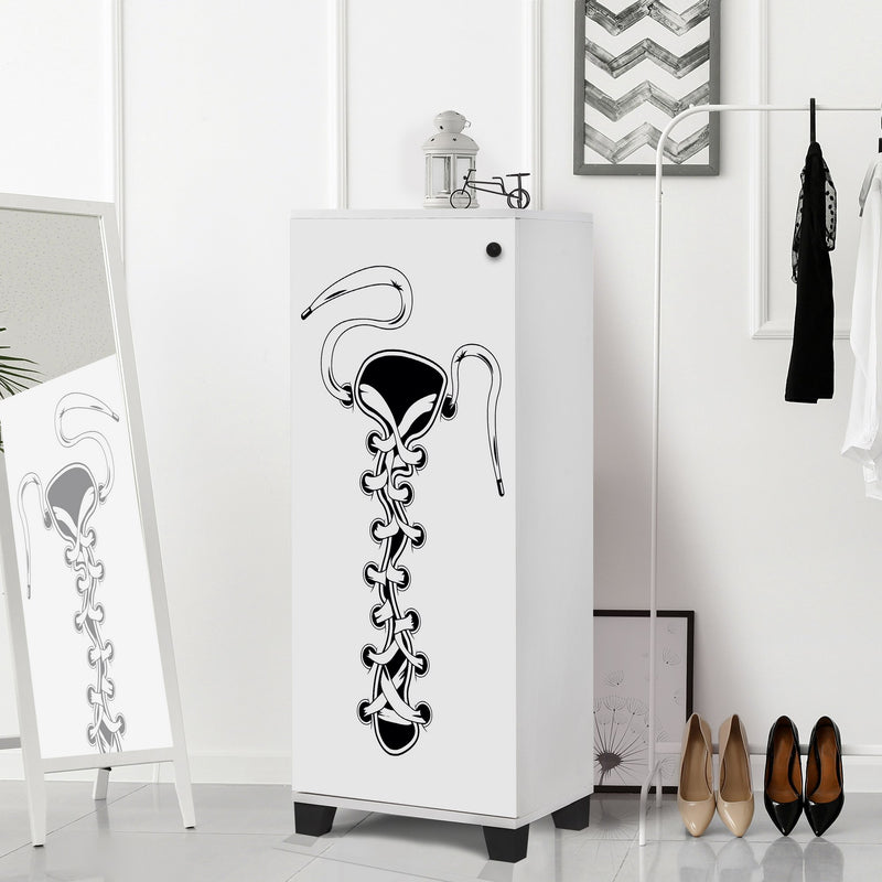 scarpiera design in legno bianco ripiani interni anta decorata con lacci di scarpa colore nero