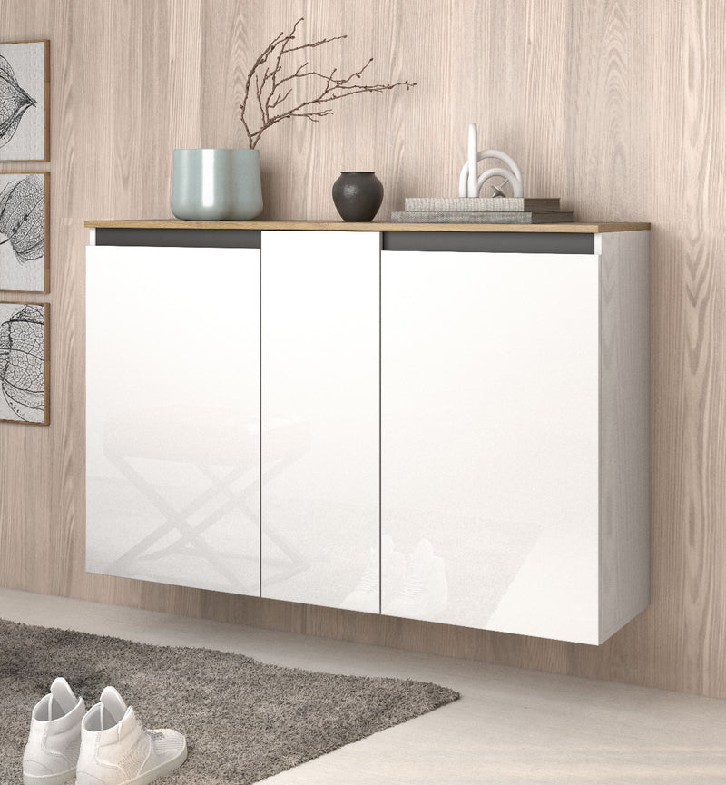 Scarpiera sospesa 3 ante salvaspazio bianco lucido e rovere cadiz cm 130x35x85h