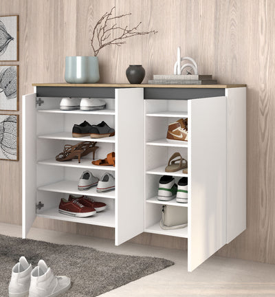 Scarpiera sospesa 3 ante salvaspazio bianco lucido e rovere cadiz cm 130x35x85h