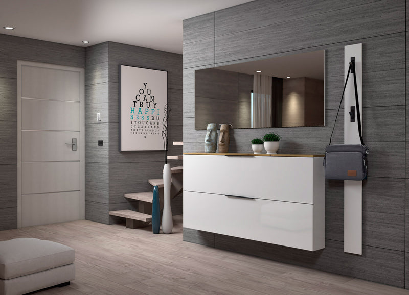 Scarpiera da parete sospesa moderna 2 ante bianco lucido top rovere cm 160x19x80h