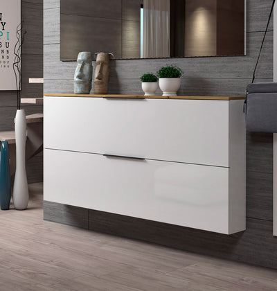 scarpiera da muro sospesa 2 ante a ribalta colore bianco lucido top rovere