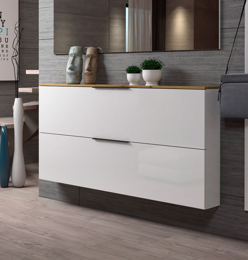 scarpiera da muro sospesa 2 ante a ribalta colore bianco lucido top rovere