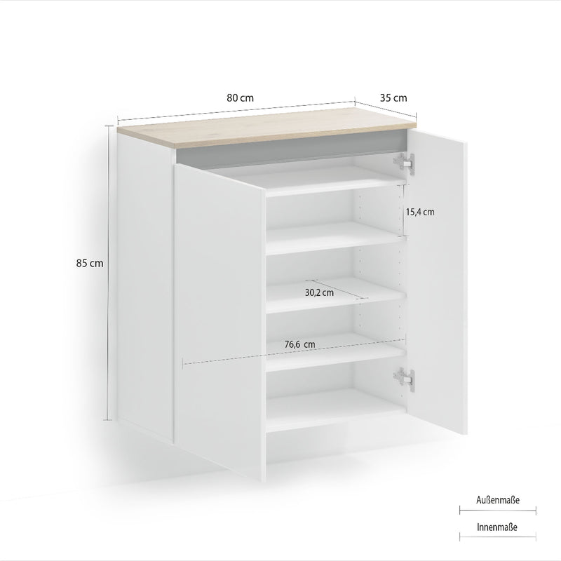 Scarpiera sospesa moderna 2 ante bianco lucido con piano rovere cadiz cm 80x35x85h