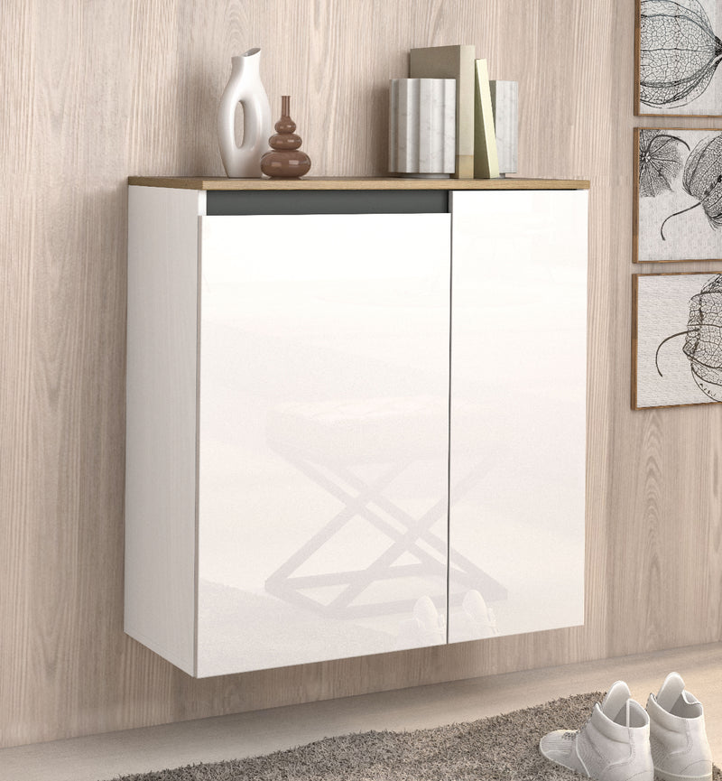 Scarpiera sospesa moderna 2 ante bianco lucido con piano rovere cadiz cm 80x35x85h
