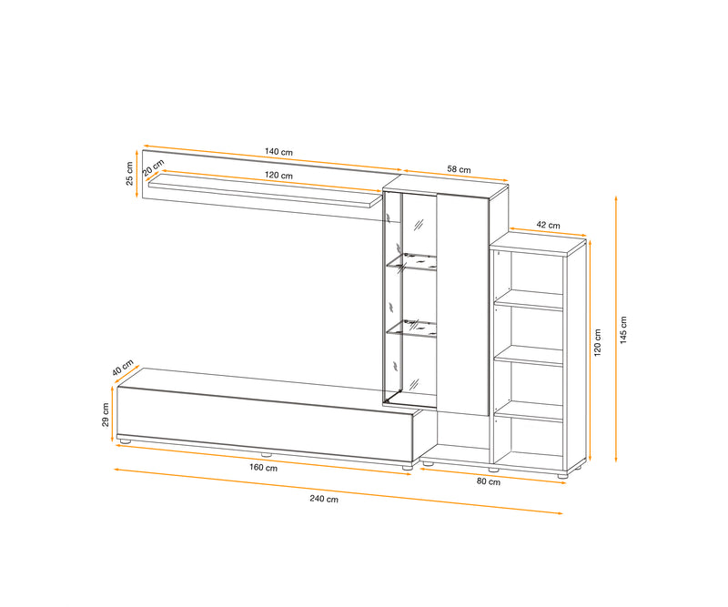 Perlage - Parete attrezzata moderna grigio antracite e quercia con vetrina e libreria cm 240x40x145h