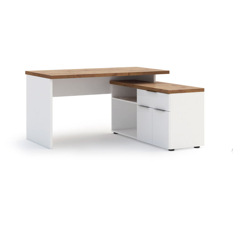 scrivania angolare moderna da ufficio con vani cassetto e 2 ante bianco lucido e rovere