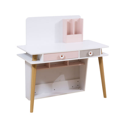 scrivania da cameretta bambina con cassetti e vani in legno bianco rosa e grigio