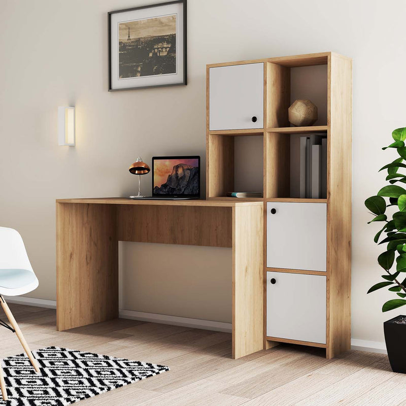 scrivania moderna da camera studio con libreria integrata in legno colore quercia e bianco