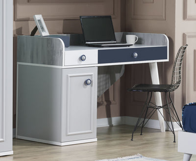 scrivania cameretta con anta e 3 cassetti in legno grigio rovere e blu