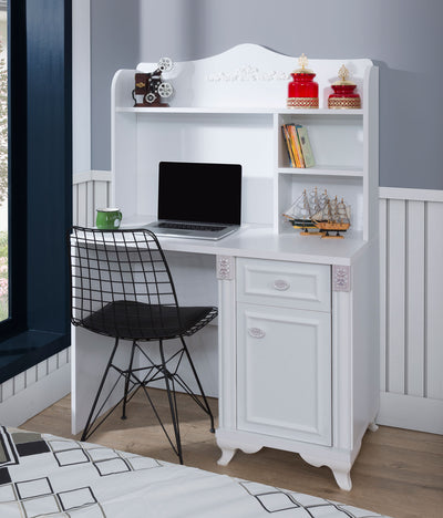 scrivania design classico con anta cassetti e vani in legno bianco per cameretta studio