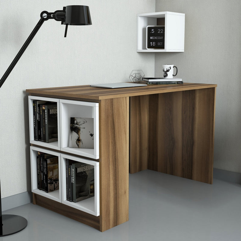 scrivania design in legno noce con 4 cubi estraibili bianchi e cubo da appendere