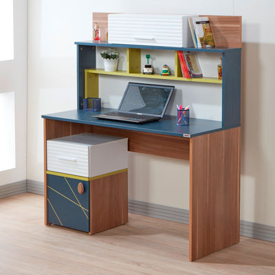 scrivania moderna per cameretta con cassetto anta e 6 piano d'appoggio in legno colorata