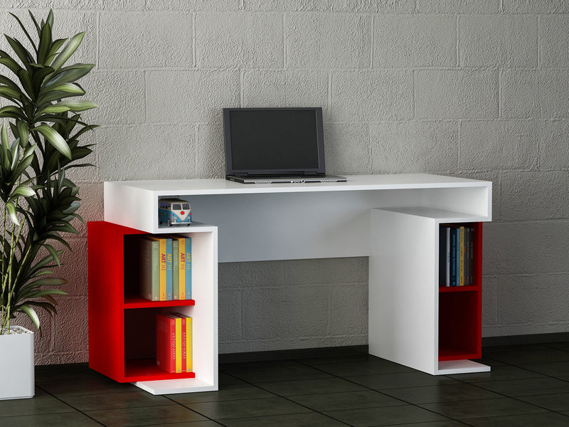 scrivania design in legno colore bianco con vani colore rosso