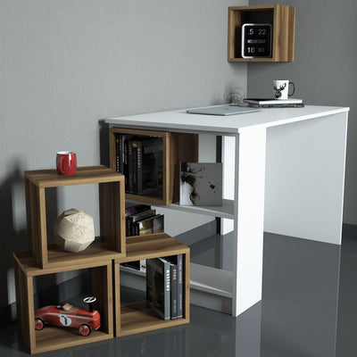 Scrivania moderna in legno bianco con 4 cubi estraibili e cubo a muro noce cm 120x65x75h