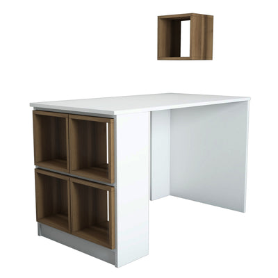 Scrivania moderna in legno bianco con 4 cubi estraibili e cubo a muro noce cm 120x65x75h