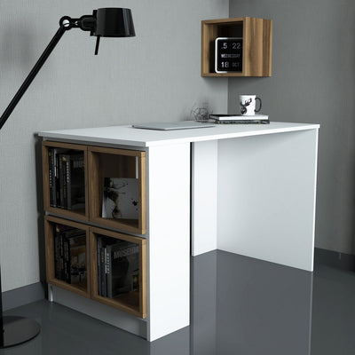 scrivania moderna in legno bianco con cubo appeso e 4 cubi estraibili colore noce
