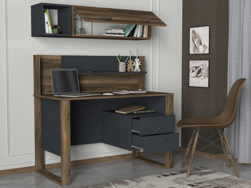 Scrivania moderna 2 cassetti con pensile orizzontale colore noce e antracite