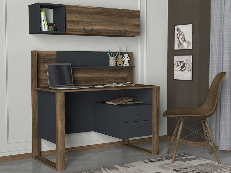 scrivania moderna 2 cassetti e pensile moderna in legno colore noce e antracite