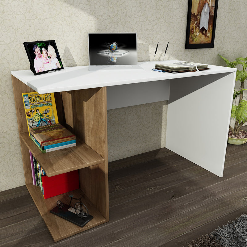 scrivania moderna da studio in legno bianco e 2 ripiani colore noce