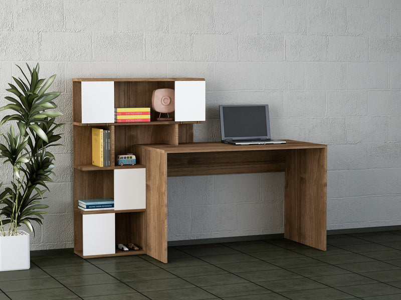 Scrivania con libreria integrata 6 vani in legno noce e bianco cm 164x60x120h