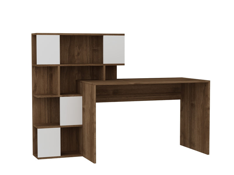 Scrivania con libreria integrata 6 vani in legno noce e bianco cm 164x60x120h
